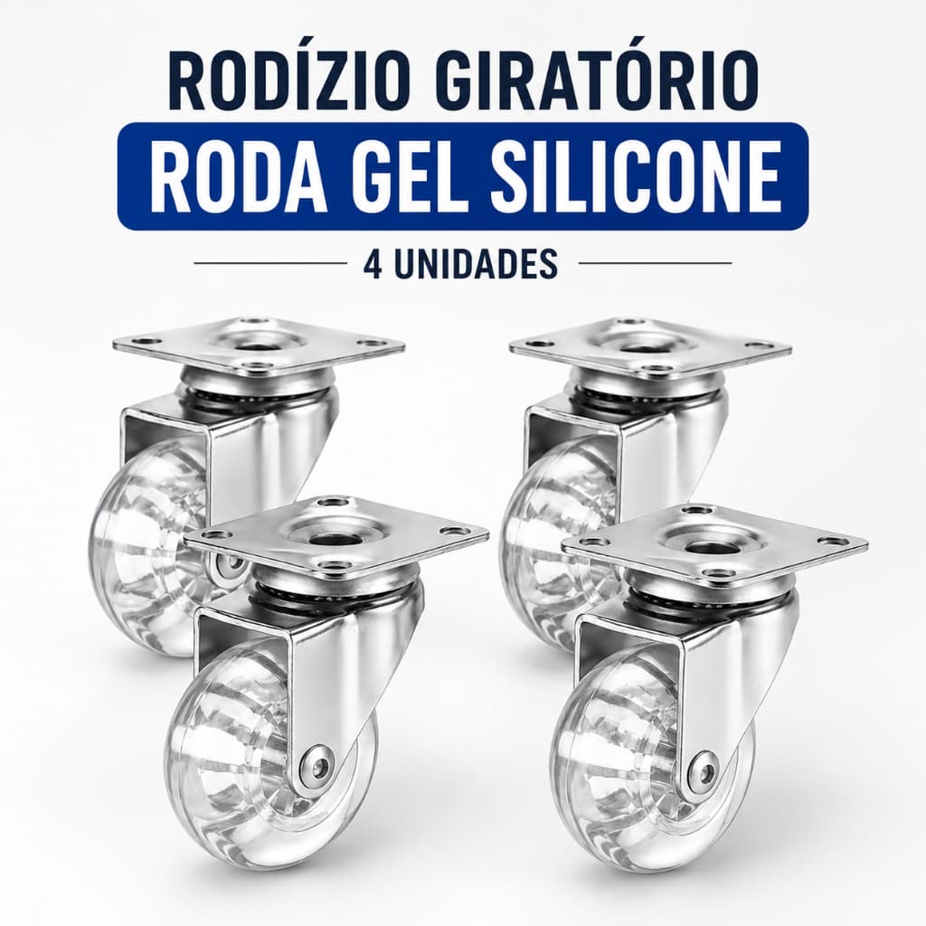 Kit 4 Rodízio Giratório 4 Unid Silicone Rodinhas de  Móveis 50mm 35kg Sem Freio