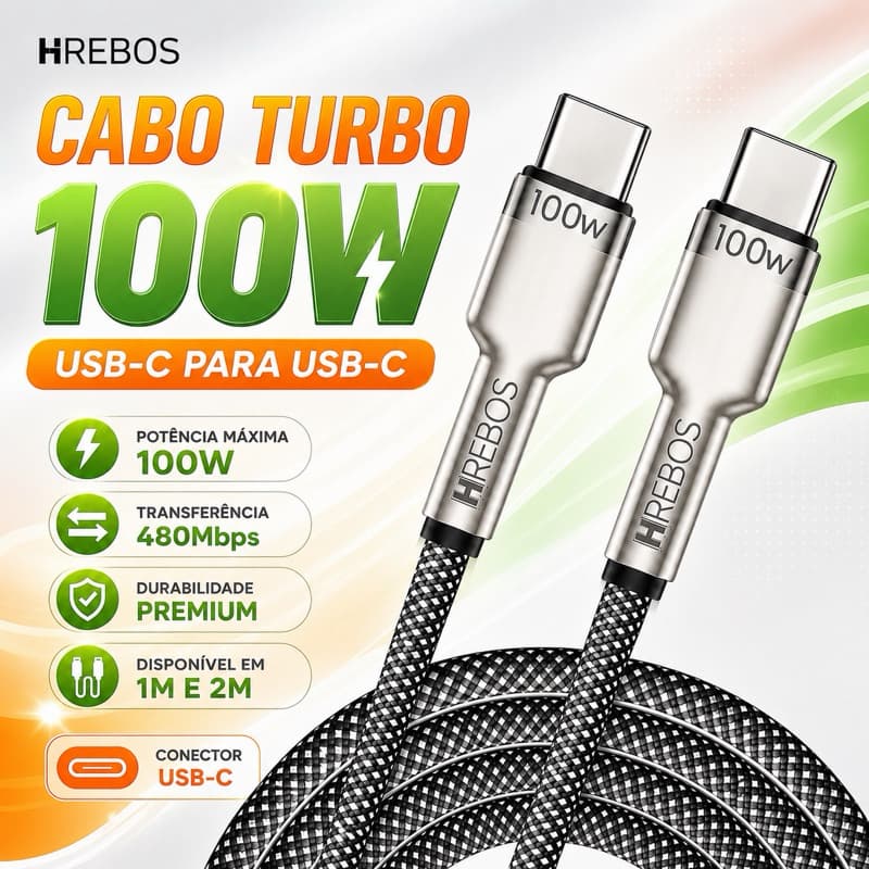 Cabo Tipo C 100W 1 ou 2 Metros 2 Pontas USB-C Turbo Revestido em Nylon Premium