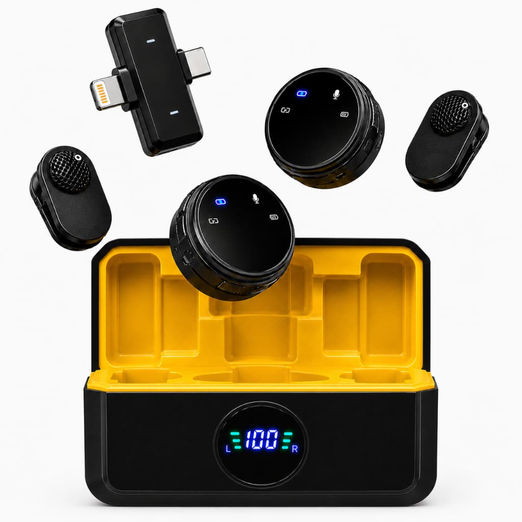 Microfone Lapela Sem Fio Magnético Duplo Profissional Case Android iPhone Tipo C Lightning