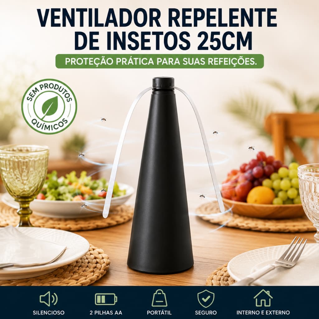 Ventilador Repelente de Insetos 25cm | Espanta Moscas e Mosquitos | Portátil | Ideal para Mesa, Churrasco, Cozinha e Res