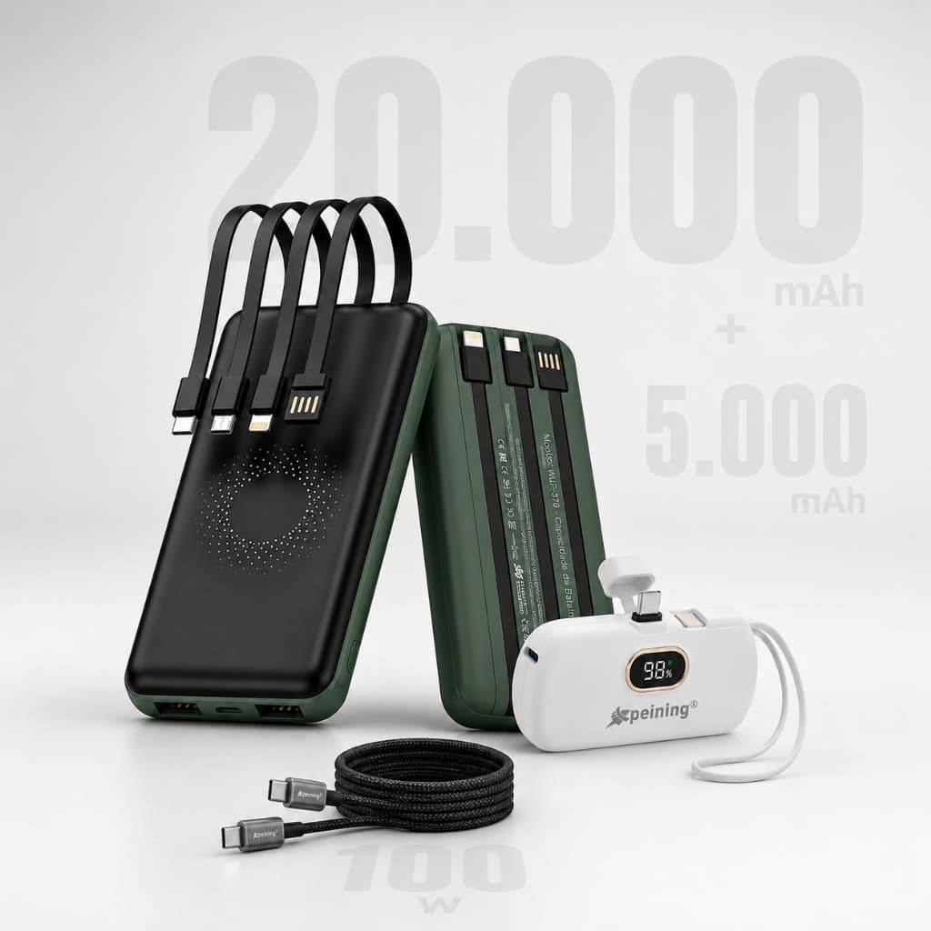 Kit Power Bank 20000 mAh Indução Verde + 5000mAh Branco + Cabo 60W Preto Original Peining