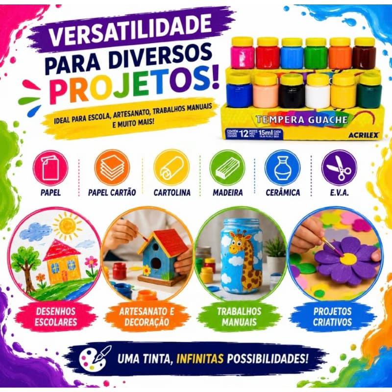 TINTA GACHE Master 12 unidades Tintas Para trabalho Escolar e Desenhos Várias Cores