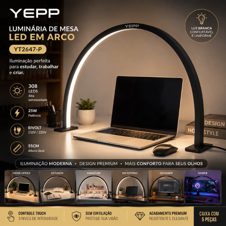 Luminária Led Meia Lua de Mesa Ring Light Estética e Manicure