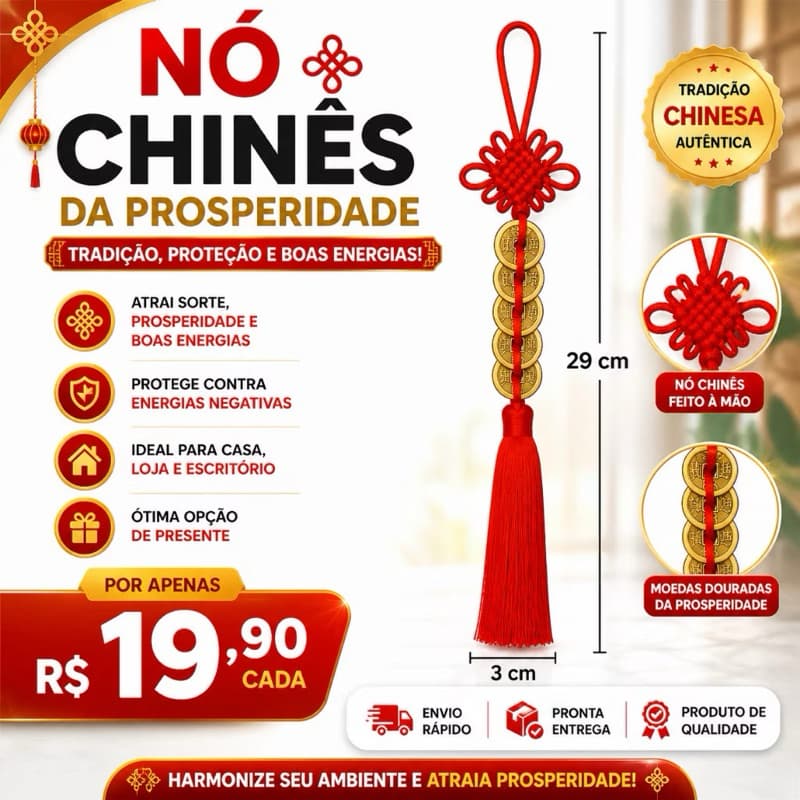 Amuleto Feng Shui com 5 Moedas Chinesas da Prosperidade | Nó Chinês para Porta, Casa e Comércio