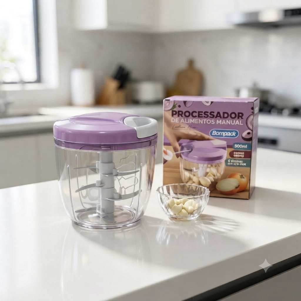 Processador Manual Grande de Alimentos Bompack 900ml Triturador 5 Lâminas Aço Inox Acessório P/Mixer