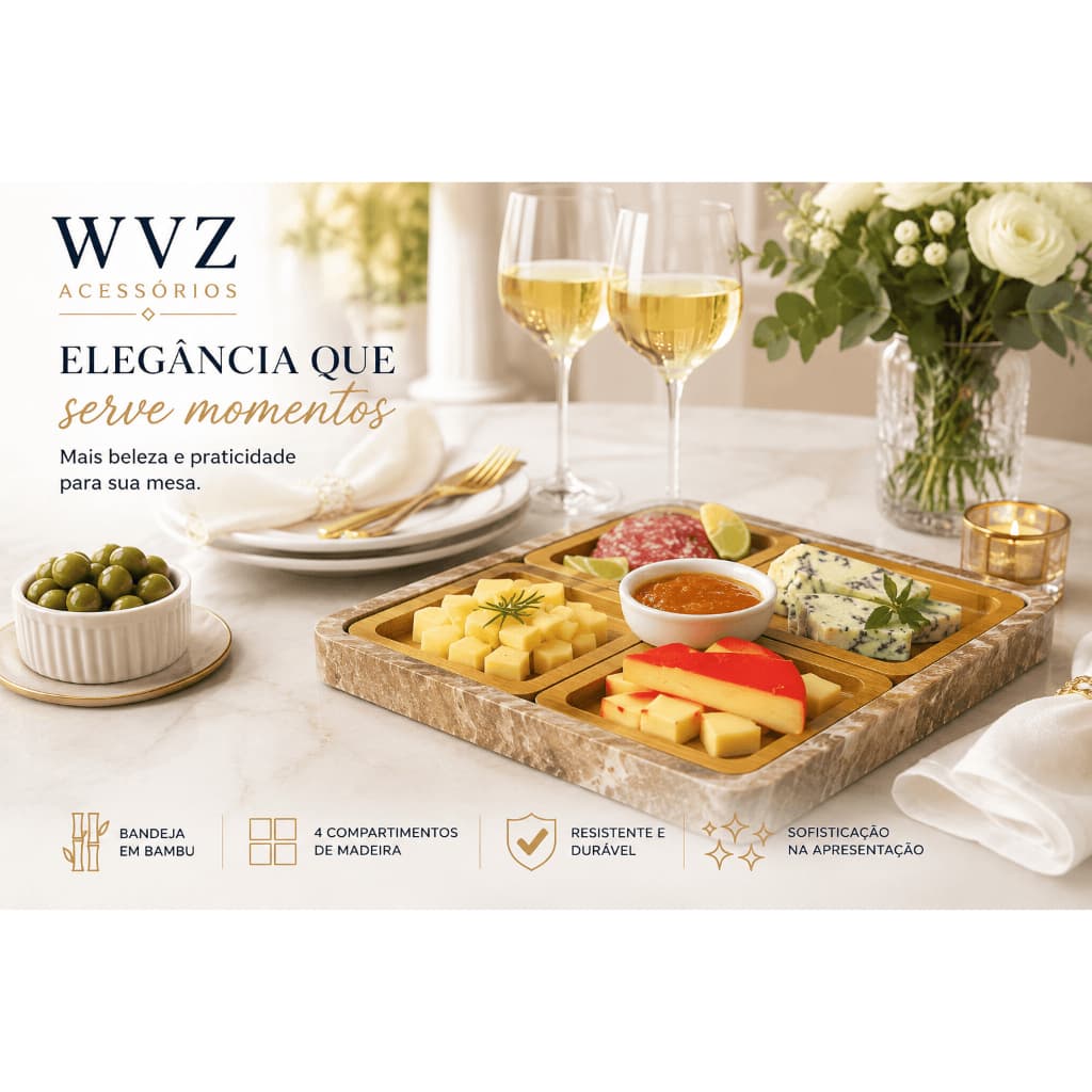 Petisqueira Quadrada MDF com Base Kit 4 Compartimentos Bandeja Frios Queijos Petiscos Aperitivos