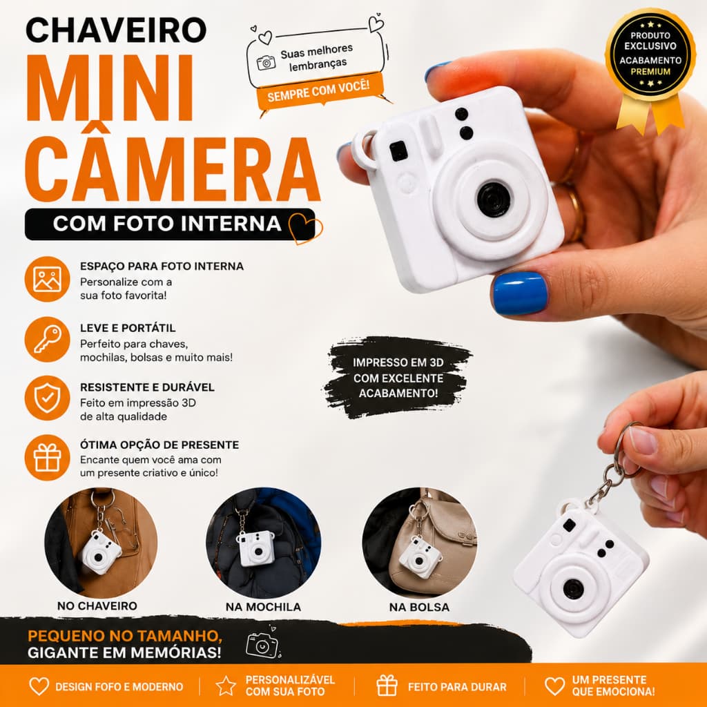 KIT Chaveiro Mini Câmera Personalizado com Foto Interna | Presente Criativo | Dia dos Pais, Mães, Casamento e Festa
