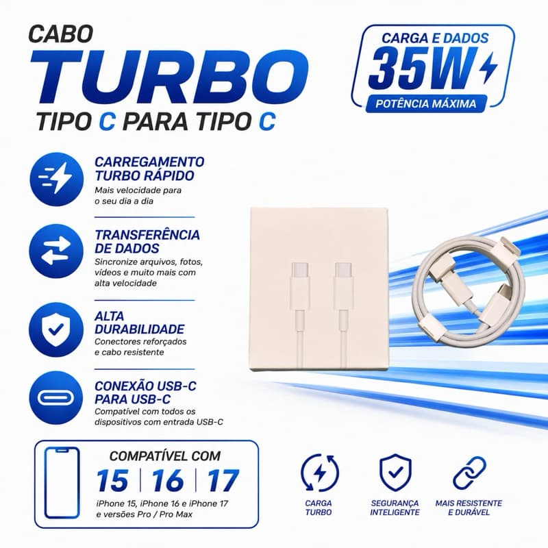 Cabo USB-C para USB-C 35W 1m Compatível com Carregador Turbo — Cabo Tipo C para Android, iPhone 15, 16 e 17, Notebook