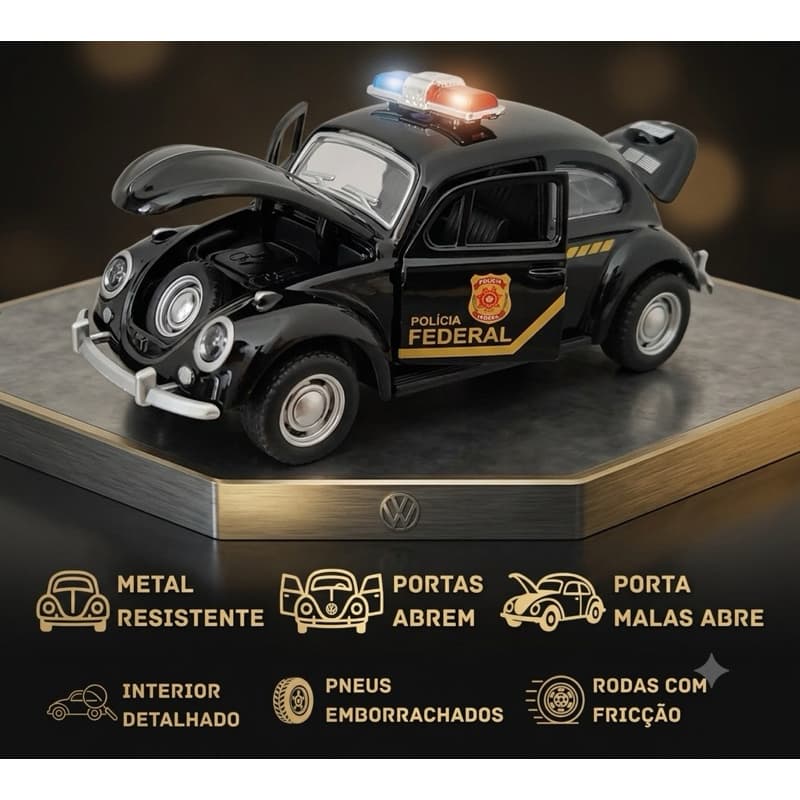 Carrinho de Polícia Miniatura Fusca – Coleção Escala 1:32 com Detalhes Realistas