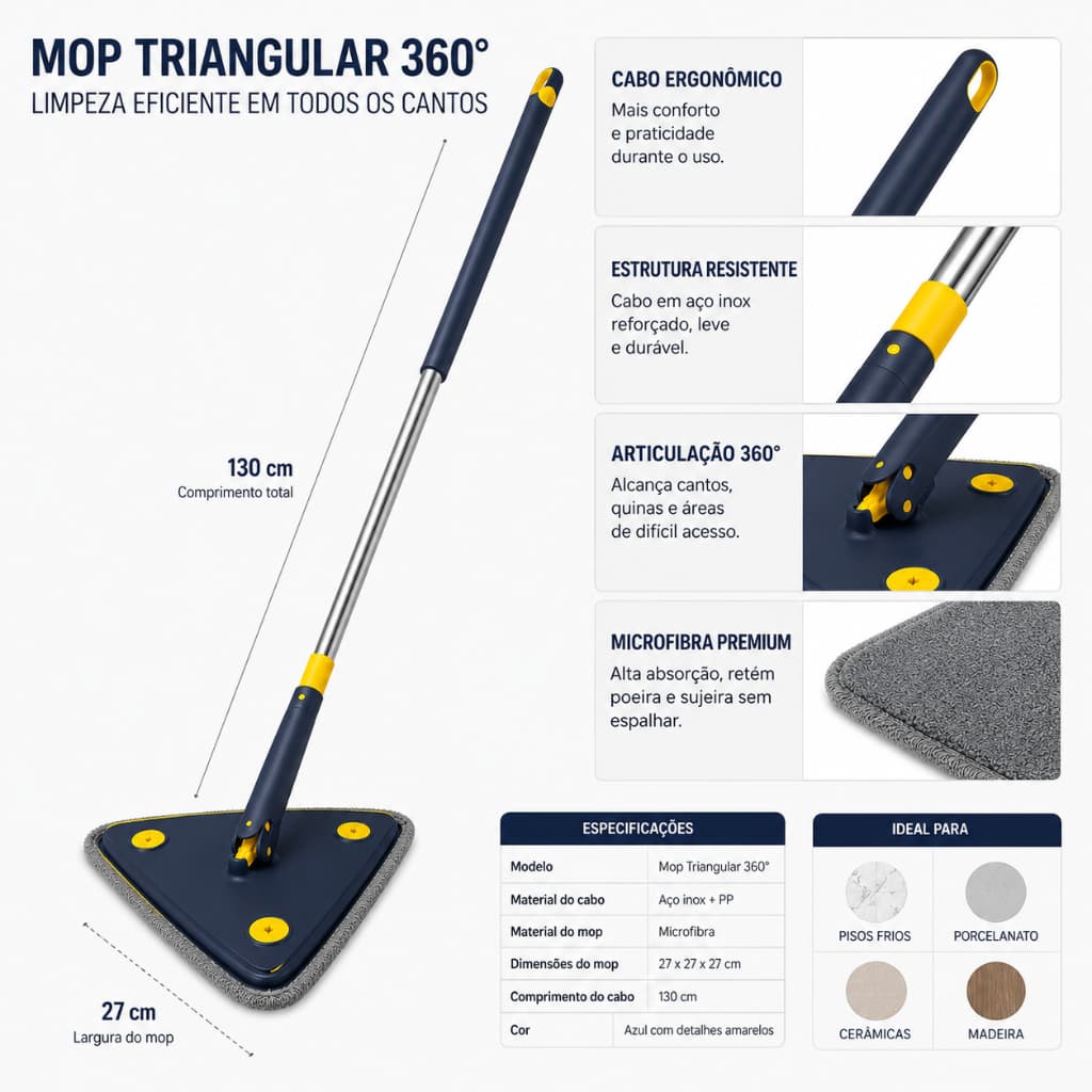 Mop Triangular 360° Snel Home SNH88 Esfregão Para Limpeza Secagem Rápida Pisos Azul