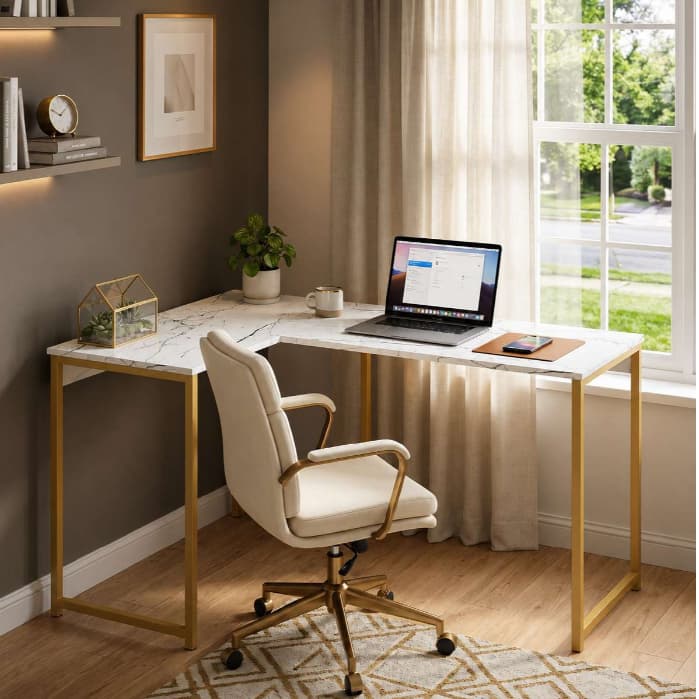 Mesa Escritorio em L Patrão Diretor Mega Athena / Home Office – Pés Dourado Industriais Mais Cores