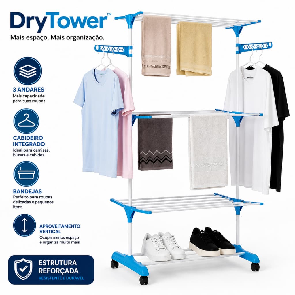 Varal de Chão 3 Andares com Cabideiro Organizador de Roupas Bandejas Estrutura Metálica Azul DryTower