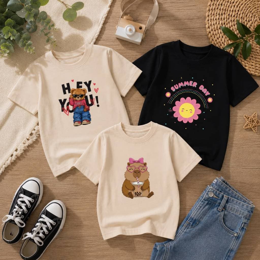 Kit 3 Camisetas de Menina Infantil Estampadas DTF Básica Minimalista