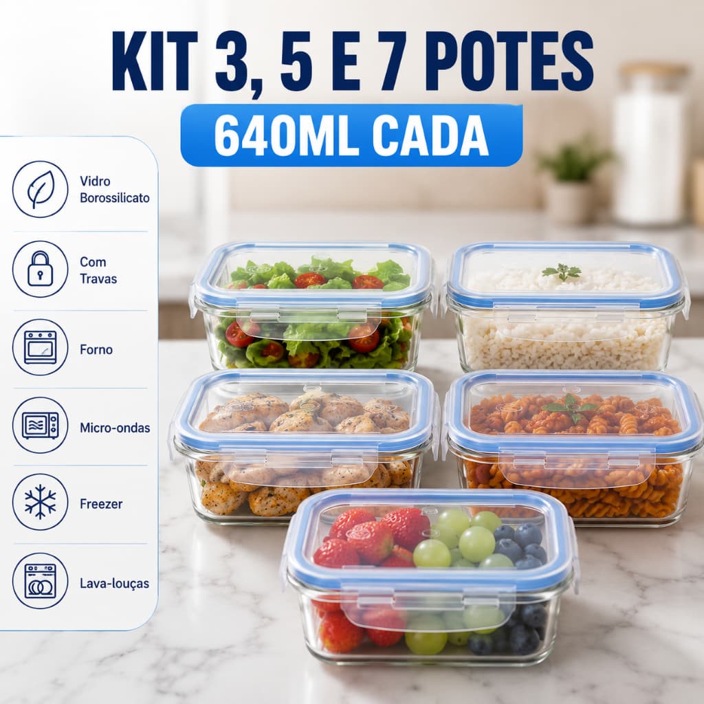 Kit 3, 5 e 7 Potes Hermético 640ml Vidro Borossilicato Marmita Forno Microondas Freezer