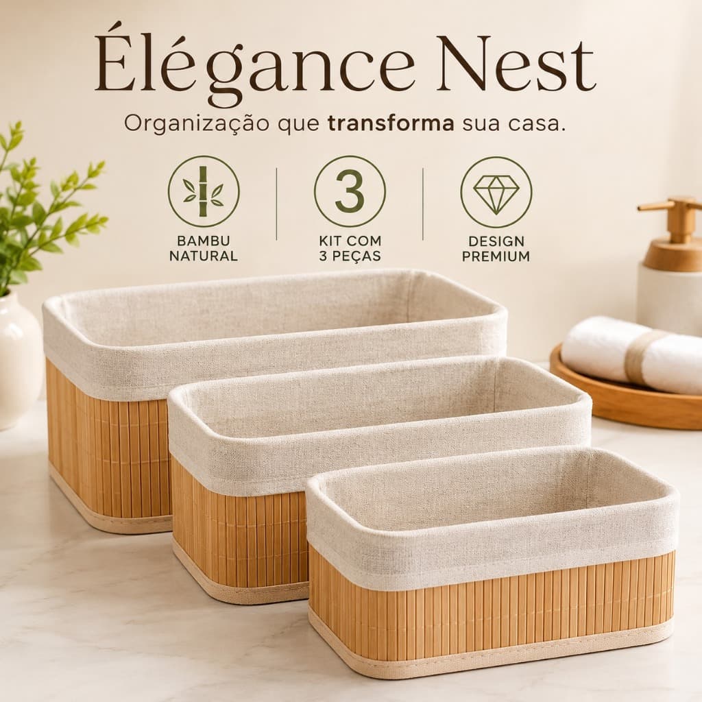 Kit Organizador de Bambu 3 Cestos Multiuso com Forro para Banheiro Closet Cozinha Decoração Élégance Nest