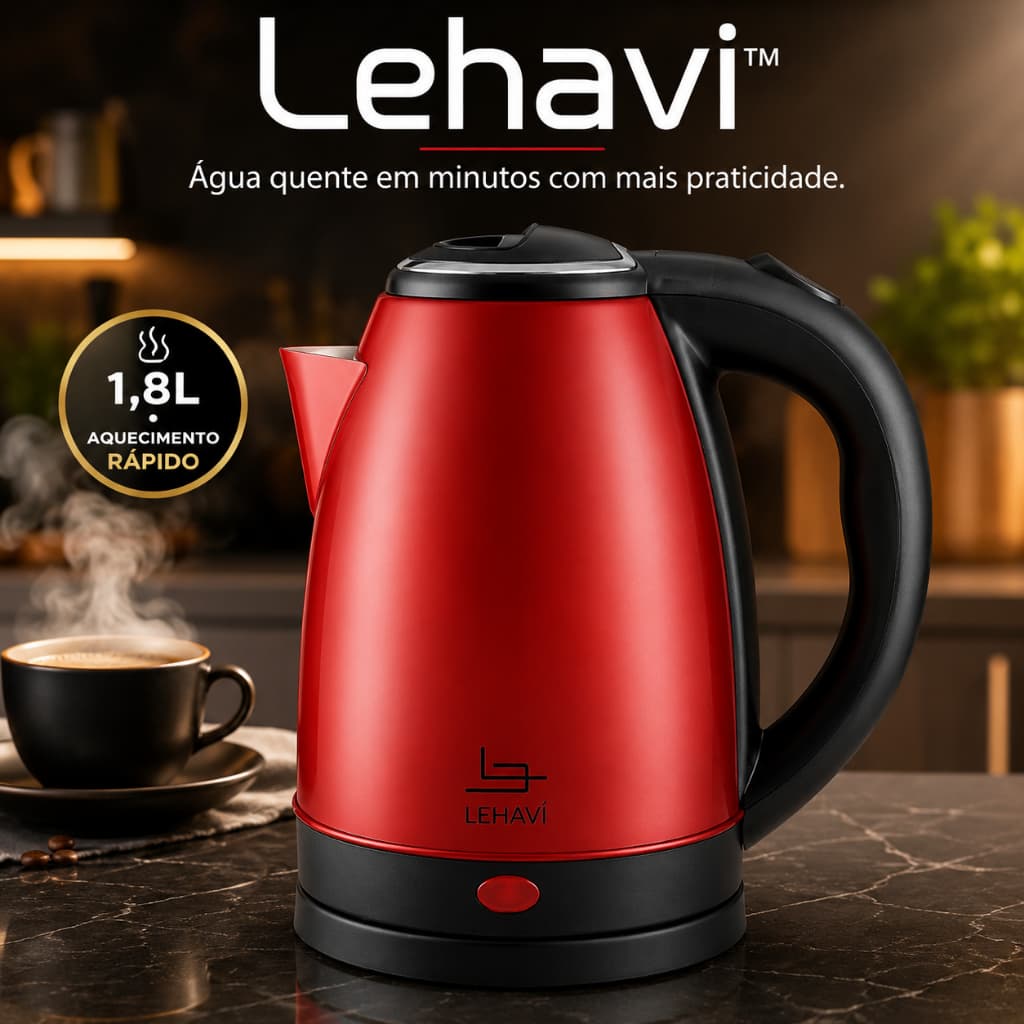 Chaleira Elétrica 110v ou 220v Inox Vermelha capacidade 1,8 Litros Rapido Aquecimento Café Chá Leite Design Moderno