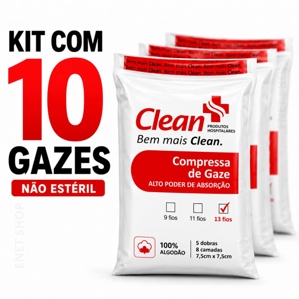 Kit 10 Compressas de Gaze 2200un 13 Fios Não Estéril 7,5x7,5cm 8 Camadas 100% Algodão