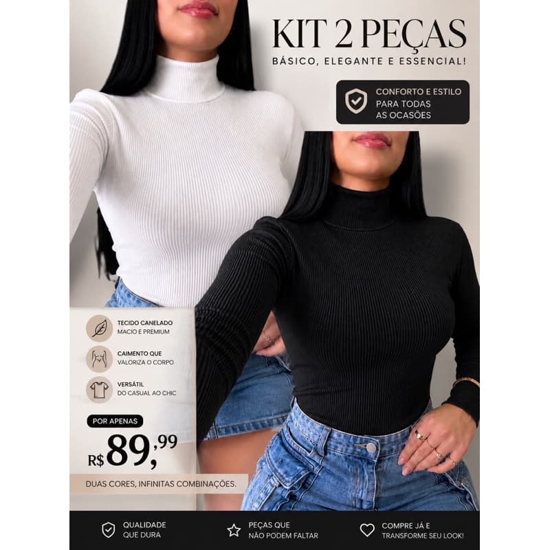 Kit 2 Peças Blusa Gola Alta Canelada Feminina Manga Longa Inverno Premium