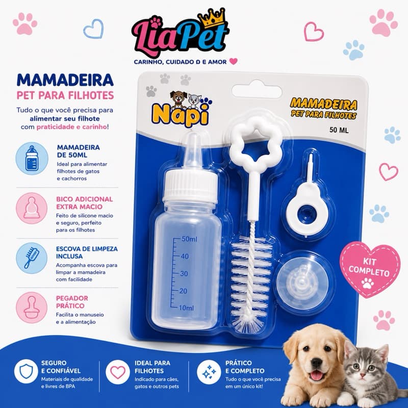 Kit Mamadeira Pet para Filhotes 50ml com Bico Extra e Escova de Limpeza | Cães e Gatos