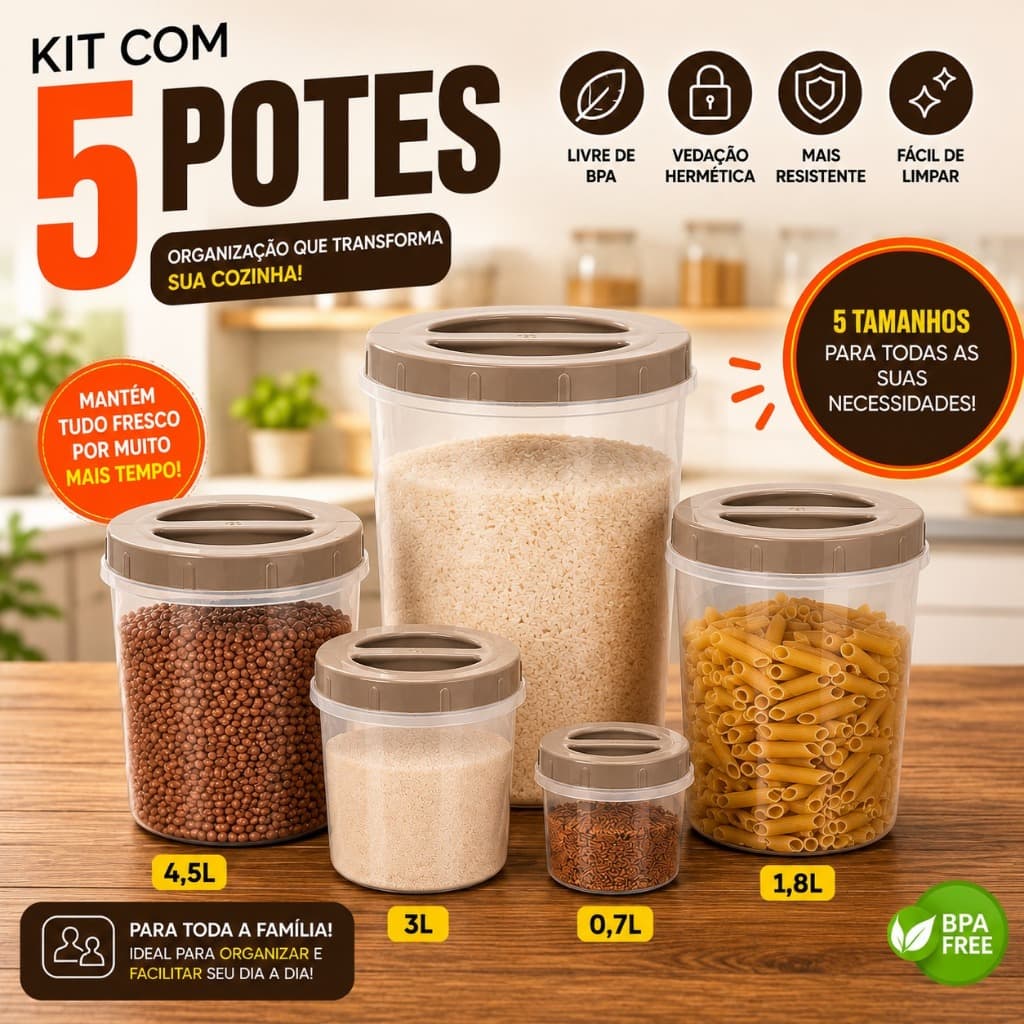 Kit 5 Potes Organizadores de Cozinha Potes para Mantimentos BPA Free