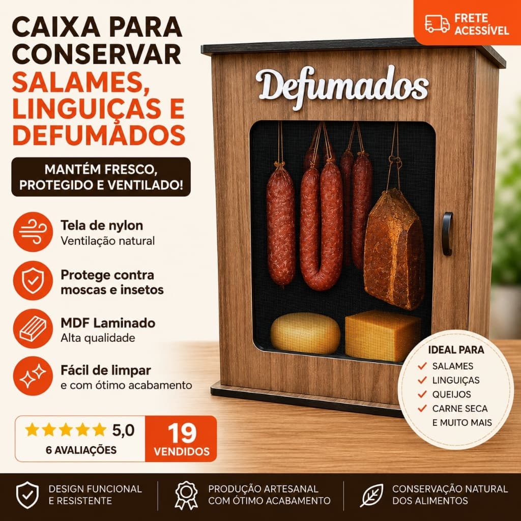 Caixa para Conservar Salames Linguiças Defumados Carne Seca com Tela Nylon | MDF Laminado Premium