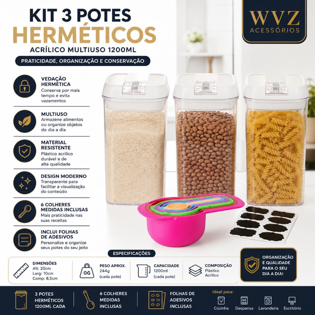 Kit 3 Potes Herméticos 1200ml Acrílico Organizador Mantimentos Vedação com Colheres 🥣