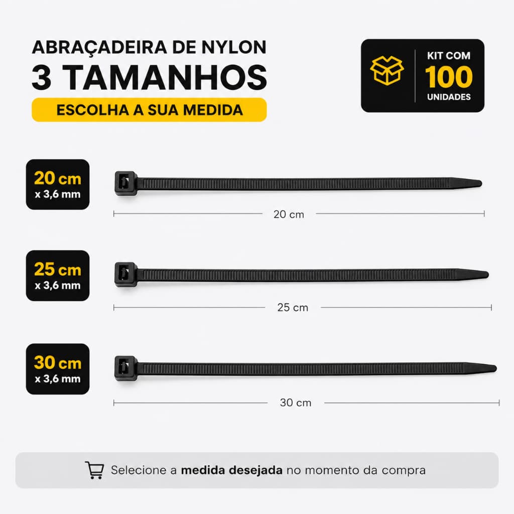 Kit 100 peças Abraçadeira de Nylon Enforca Gato 20/25/30 cm x 3,6mm Cinta Plástica Organizador Cabos Resistente