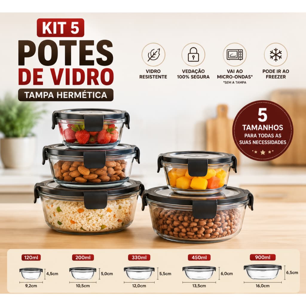 5 Potes de vidro Herméticos para Marmita Freezer Micro-ondas Cozinha Alimentos