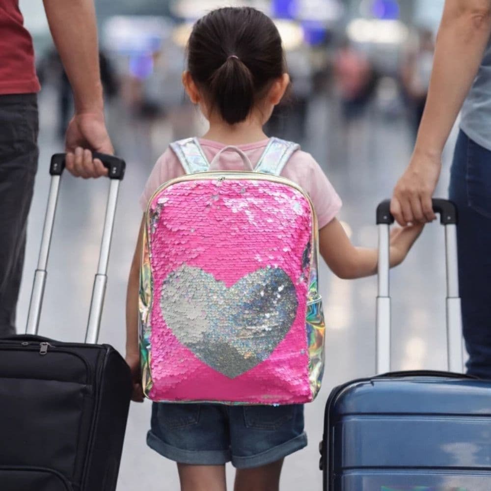 Mochila Infantil Coração Rosa Menina Lantejoula Holográfica Brilhante Alça Ajustável