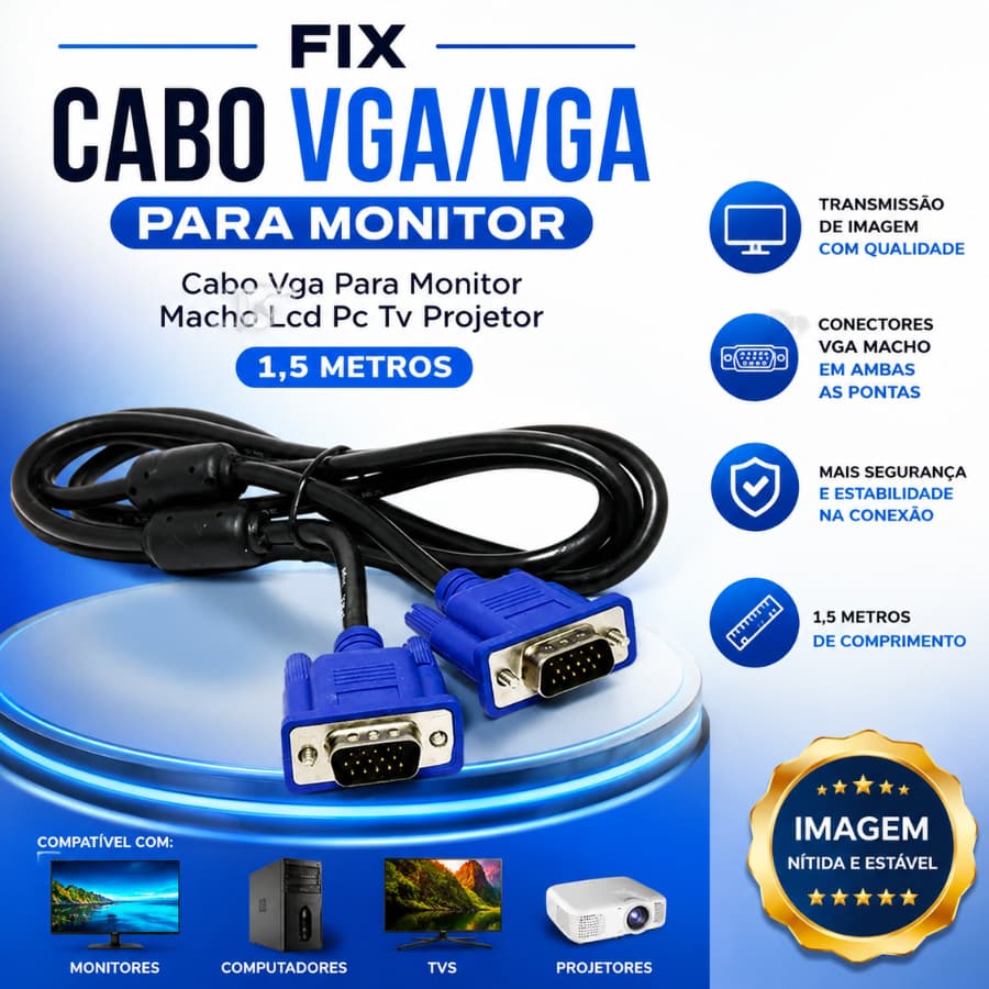 Cabo VGA para Monitor PC TV LED Projetor 1,5 Metros - FIX
