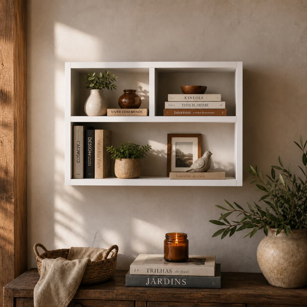 Prateleira Nicho Decorativo MDF Branco 3 Repartições de Parede Sala Quarto Cozinha Banheiro