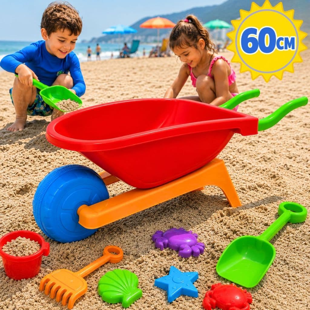 Brinquedo De Praia Carriola Com Acessórios Infantil Forminhas Pá Rastelo Grande 60cm