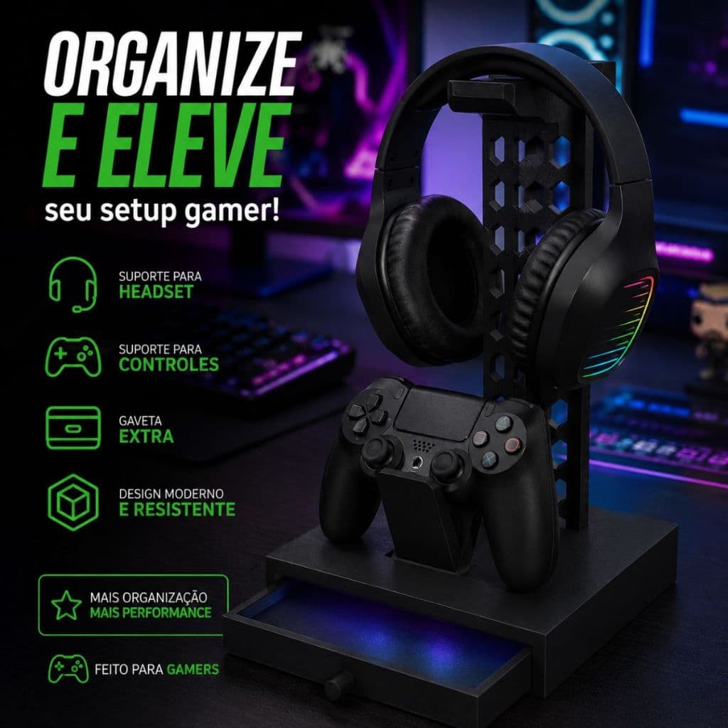 Suporte Gamer Headset Controle Com Gaveta Organizador Mesa PS5 Xbox PC Impressão 3D Preto