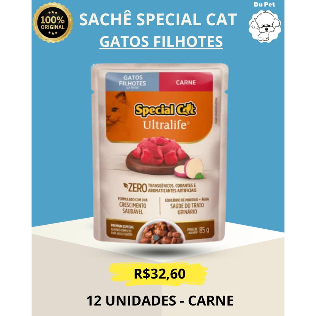KIT ( CAIXA ) 12 UNIDADES SACHÊS SPECIAL CAT CARNE - GATOS FILHOTES - RAÇÃO ÚMIDA