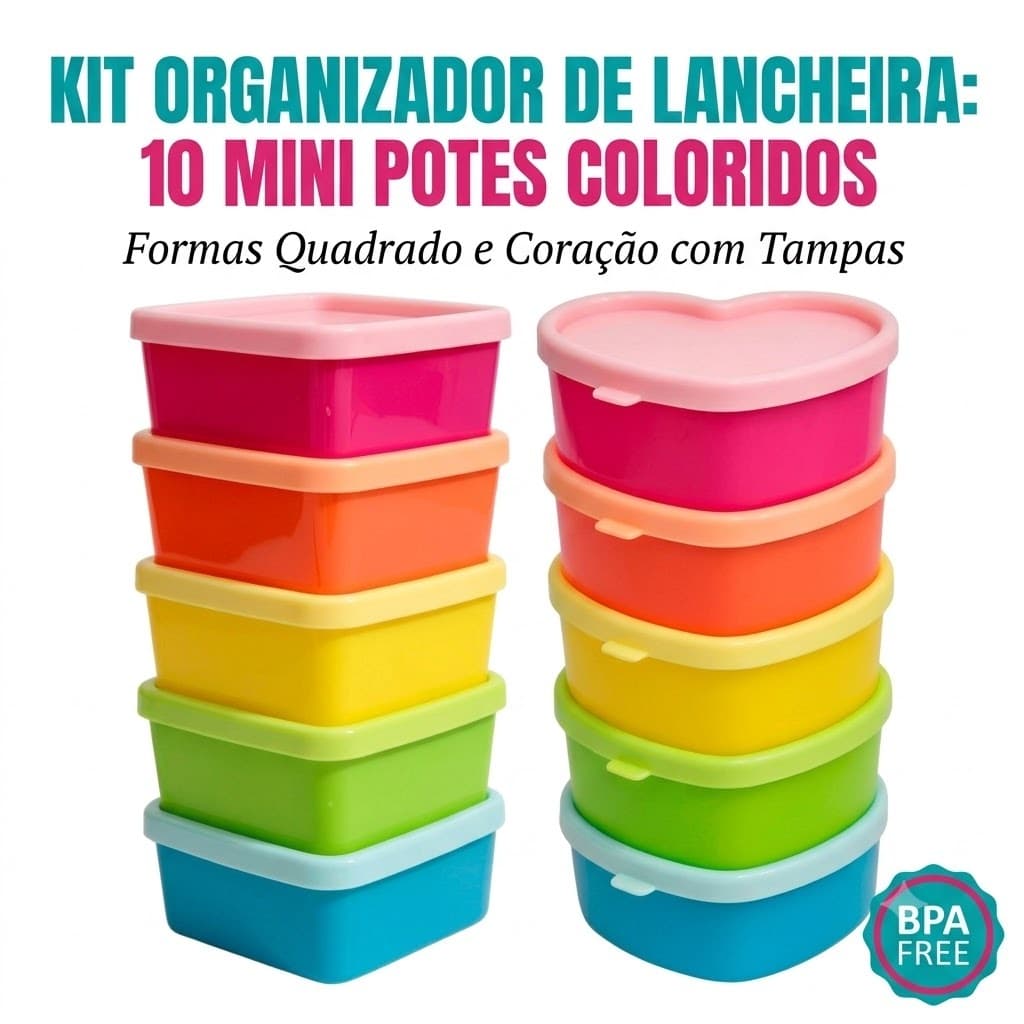 Kit 5 Mini Potes Coloridos Infantil Lancheira Bebê Papinha 80ml Plástico Quadrado Coração (Mais vendido)