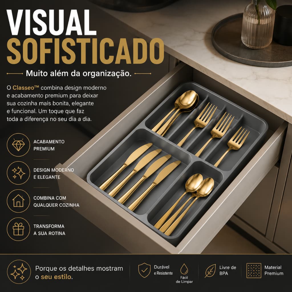 Organizador de Talheres Cinza para Gaveta Divisória Organizadora de Cozinha Classeo