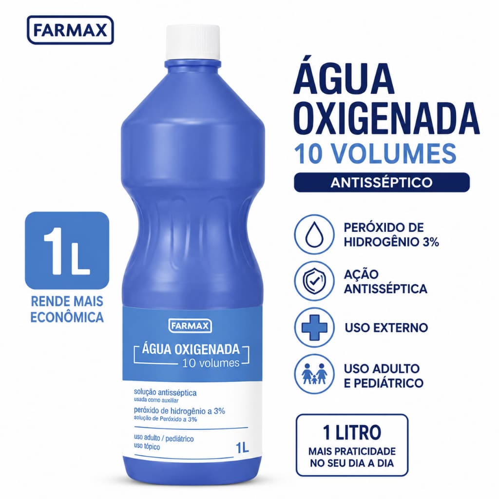 Água Oxigenada 10 Volumes Farmax 1 Litro Antisséptico Peróxido de Hidrogênio