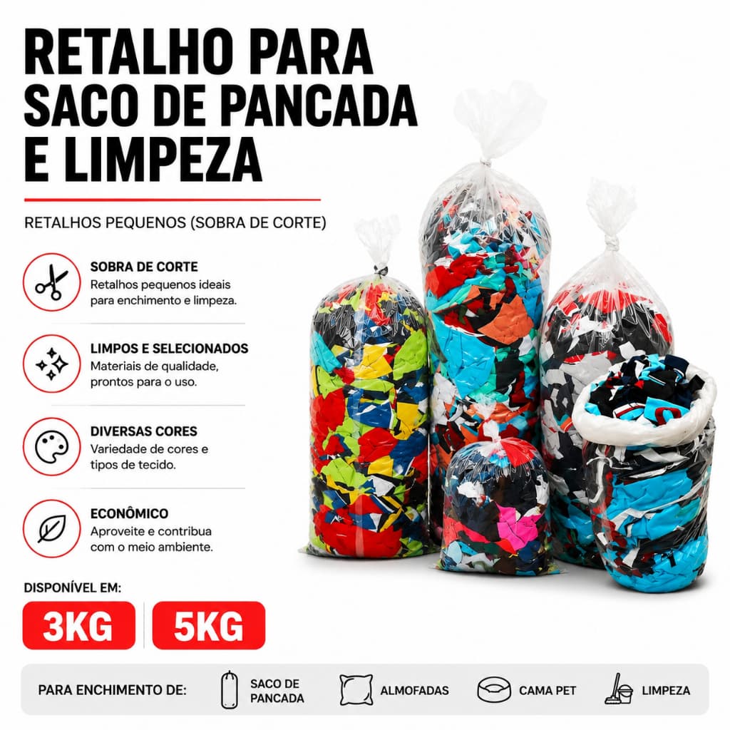 Retalho de Tecido para Enchimento de Almofadas, Puff, Saco de Pancadas, Cama Pet, Artesanato e Costura 3kg e 5kg