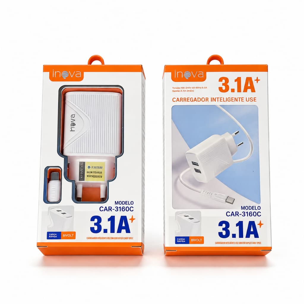Carregador Turbo Inova CAR-3160C 3.1A Original 2 USB com Cabo Tipo-C Rápido Homologado Anatel
