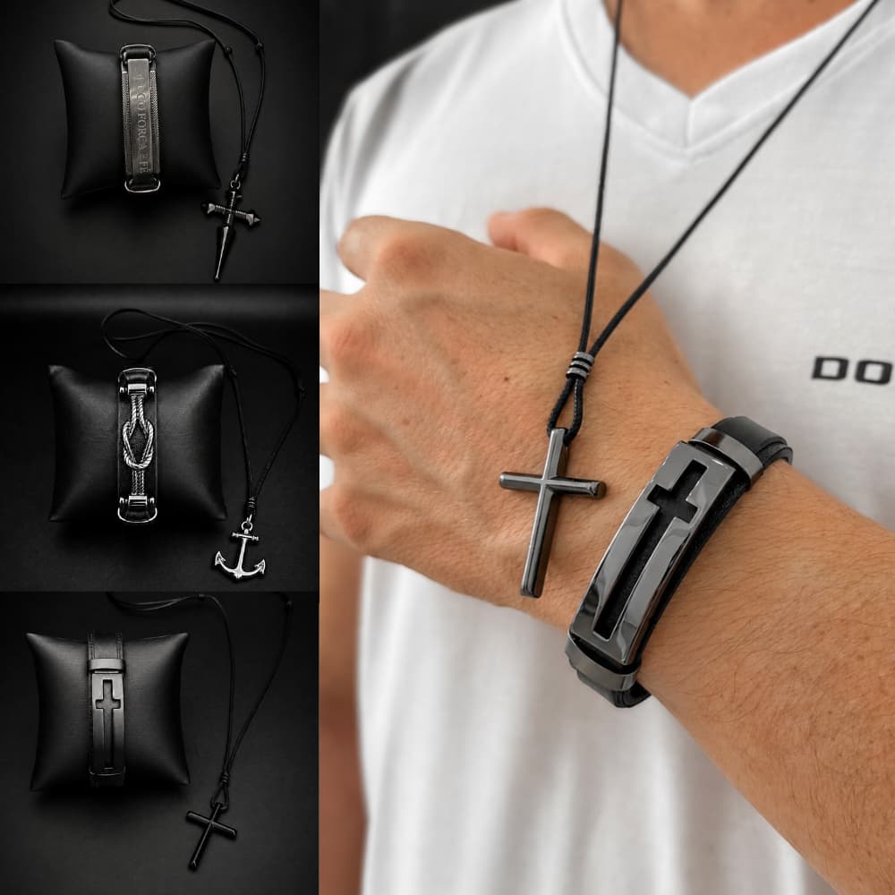 Kit Pulseira Masculina + Bracelete Couro + Cordão Crucifixo Âncora Marinheiro Ajustável Aço