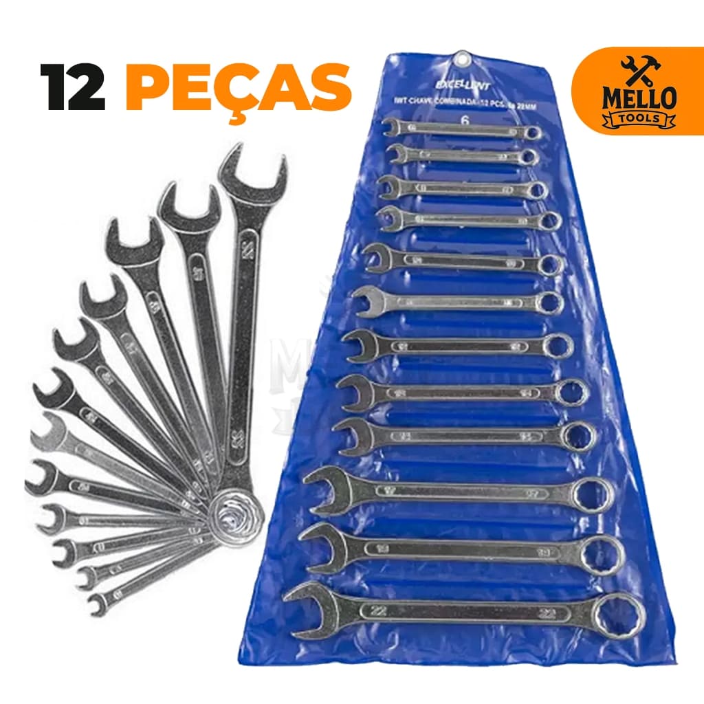 Jogo Chaves Combinadas  Kit Ferramentas 6 a 22 mm Boca e Estrela com 12 Peças Mello Tools