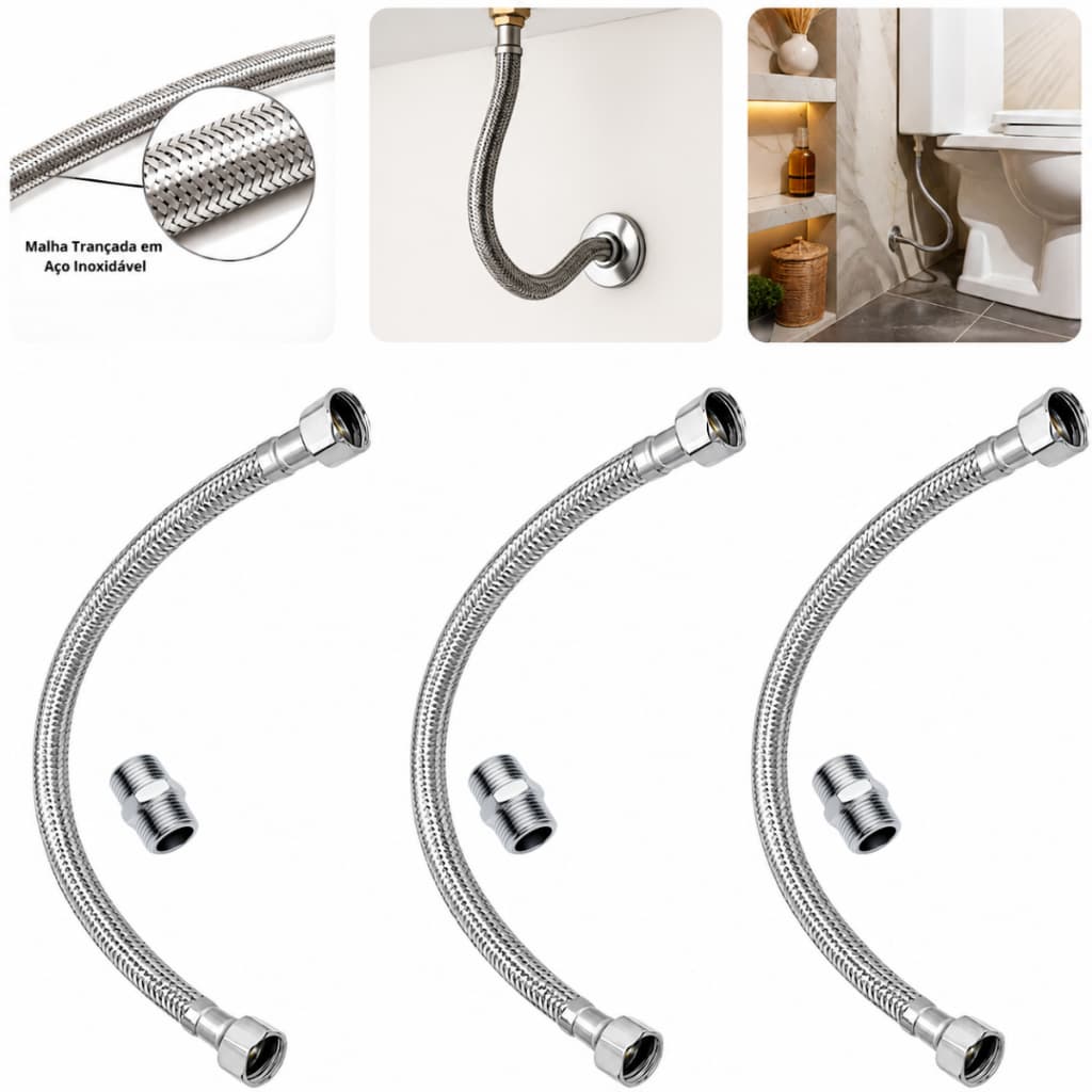 Kit 3 Engate Flexível Trancado Mangueira Flexível 40 Cm Aço Inox agua quente e fria
