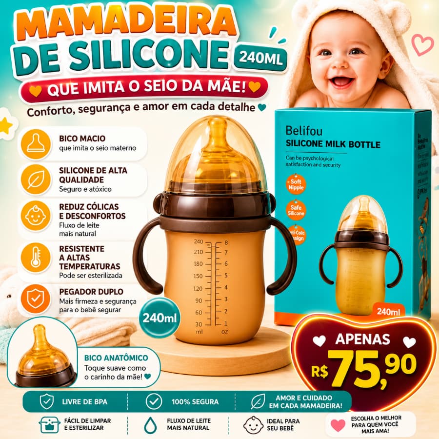 Mamadeira 240ml Marrom com Bico de Silicone Imita Seio da Mãe - Envio em 24 horas 🚛🔥