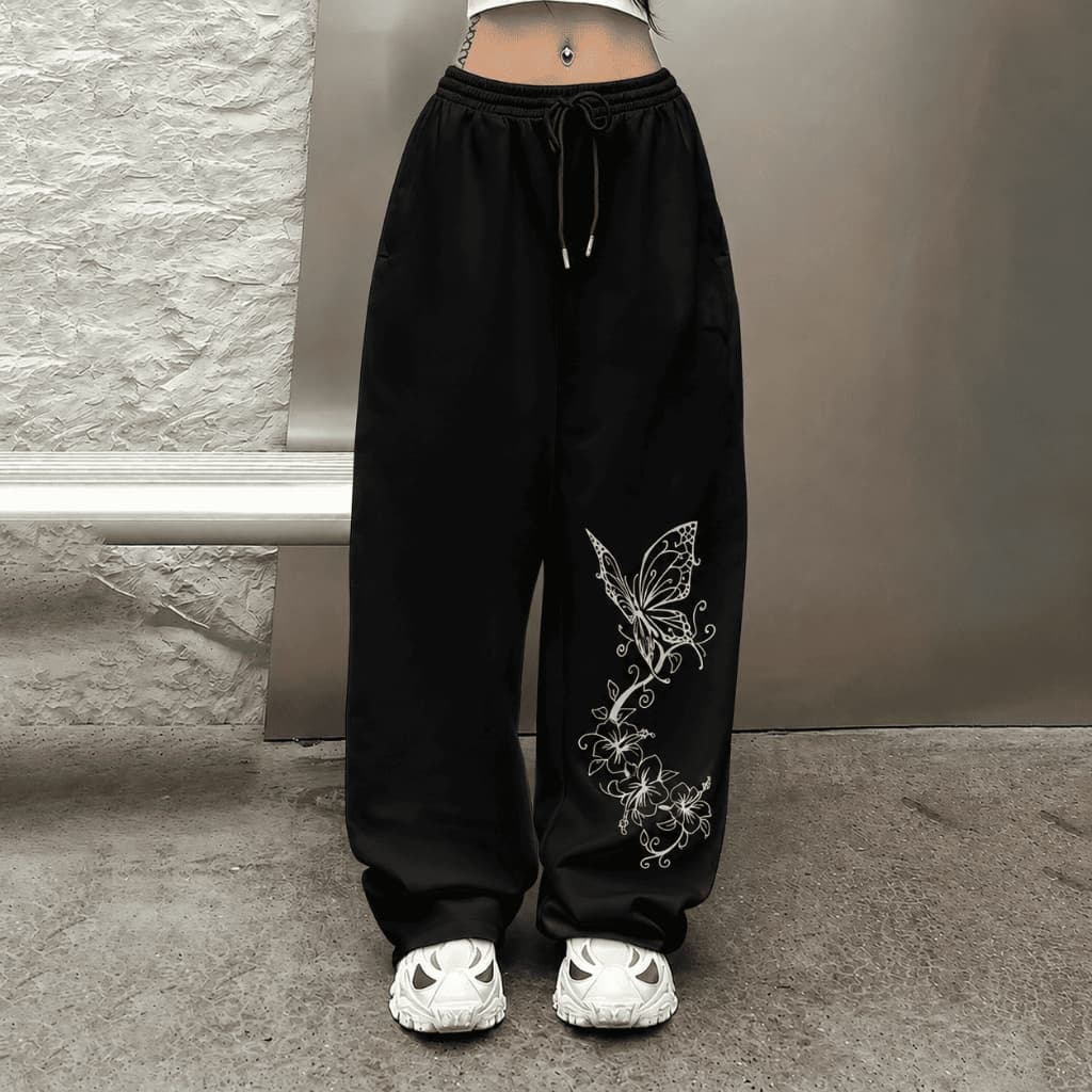 Calça Wide Leg Perna Reta Para O Inverno Com Estampa de Borboleta Com Flores Delicadas