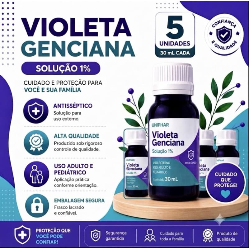 Kit com 5 Und Violeta Genciana Solução 1% 30ml – Antisséptica e Versátil - Uniphar