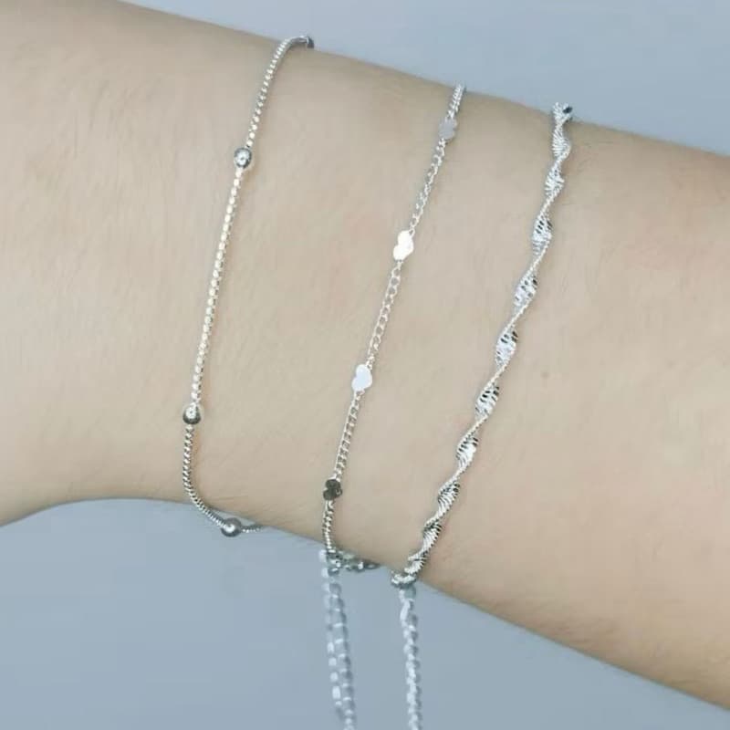 Kit 3 pulseiras femininas folheado a prata 925 bolinha coração e torcida elegante novidade moda