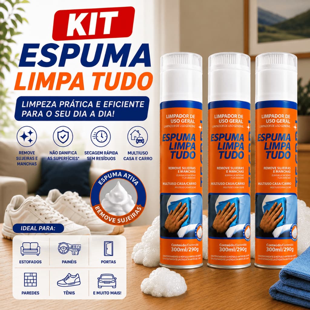 Espuma Limpa Tudo Multiuso TECBRIL 300ml – Limpeza a Seco para Estofados, Sofás, Carpetes e Veículos