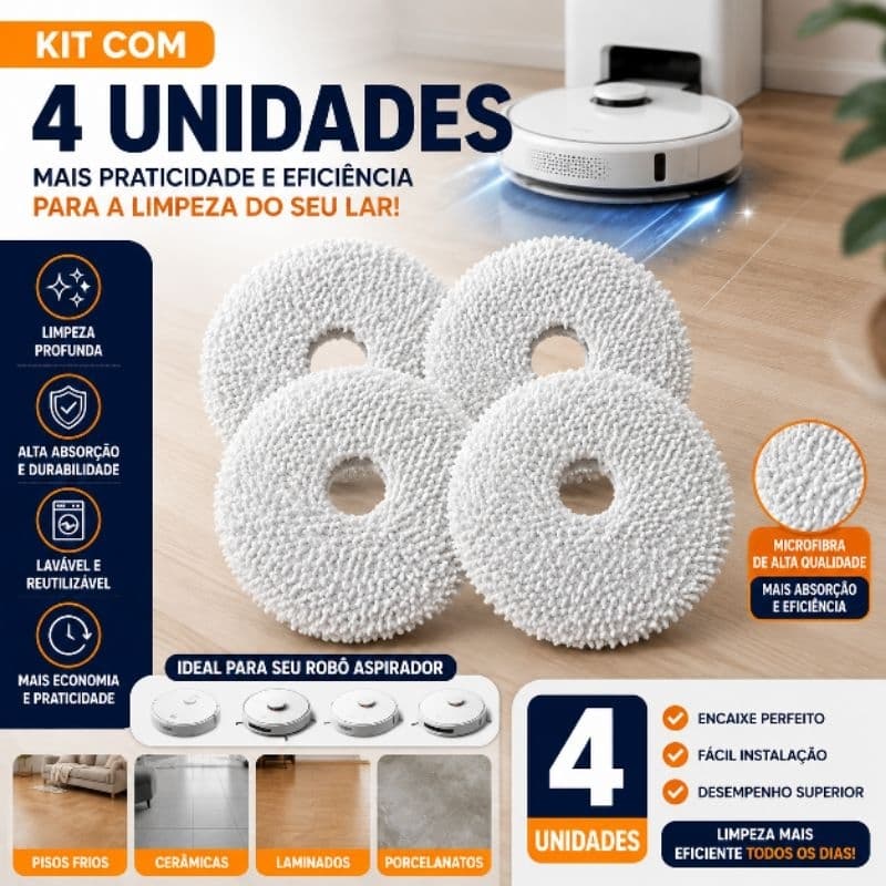 Kit 4 Panos Mop Compatível Robô Xiaomi  X10+ X20+ S10+ S20+ Lavável alta qualidade Envio 24 horas
