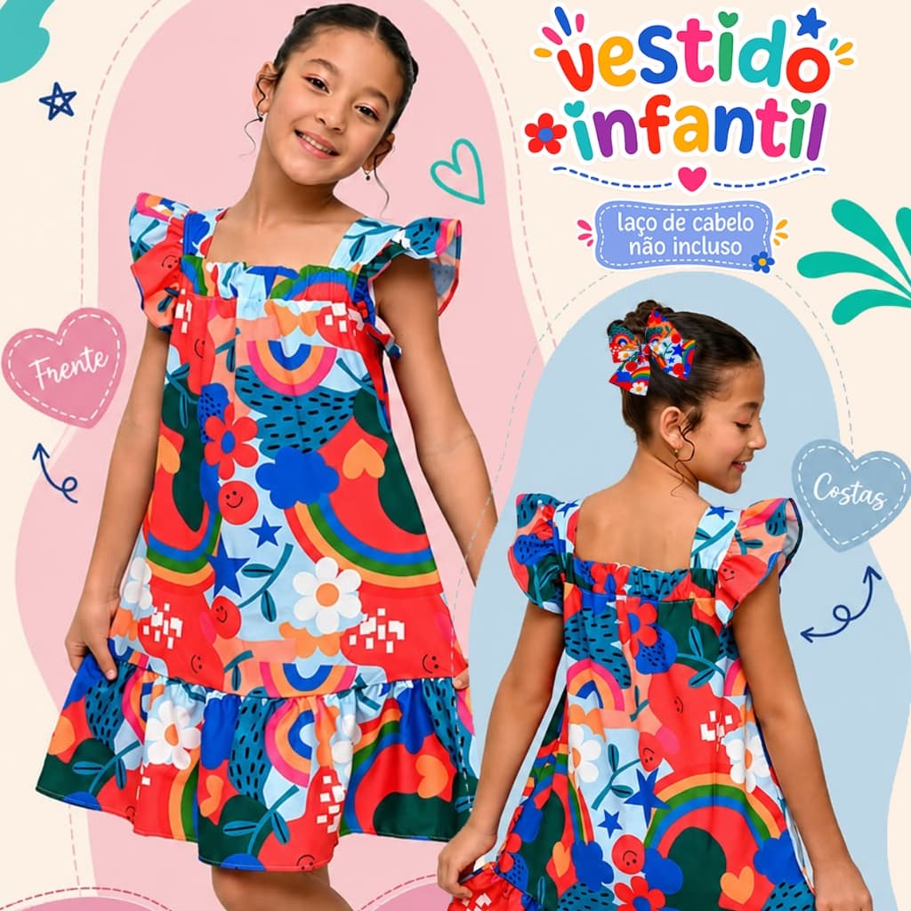 Vestido Bata Manga Infantil Menina Estampado Novidade Casual Festa Luxo 4 a 12 Anos