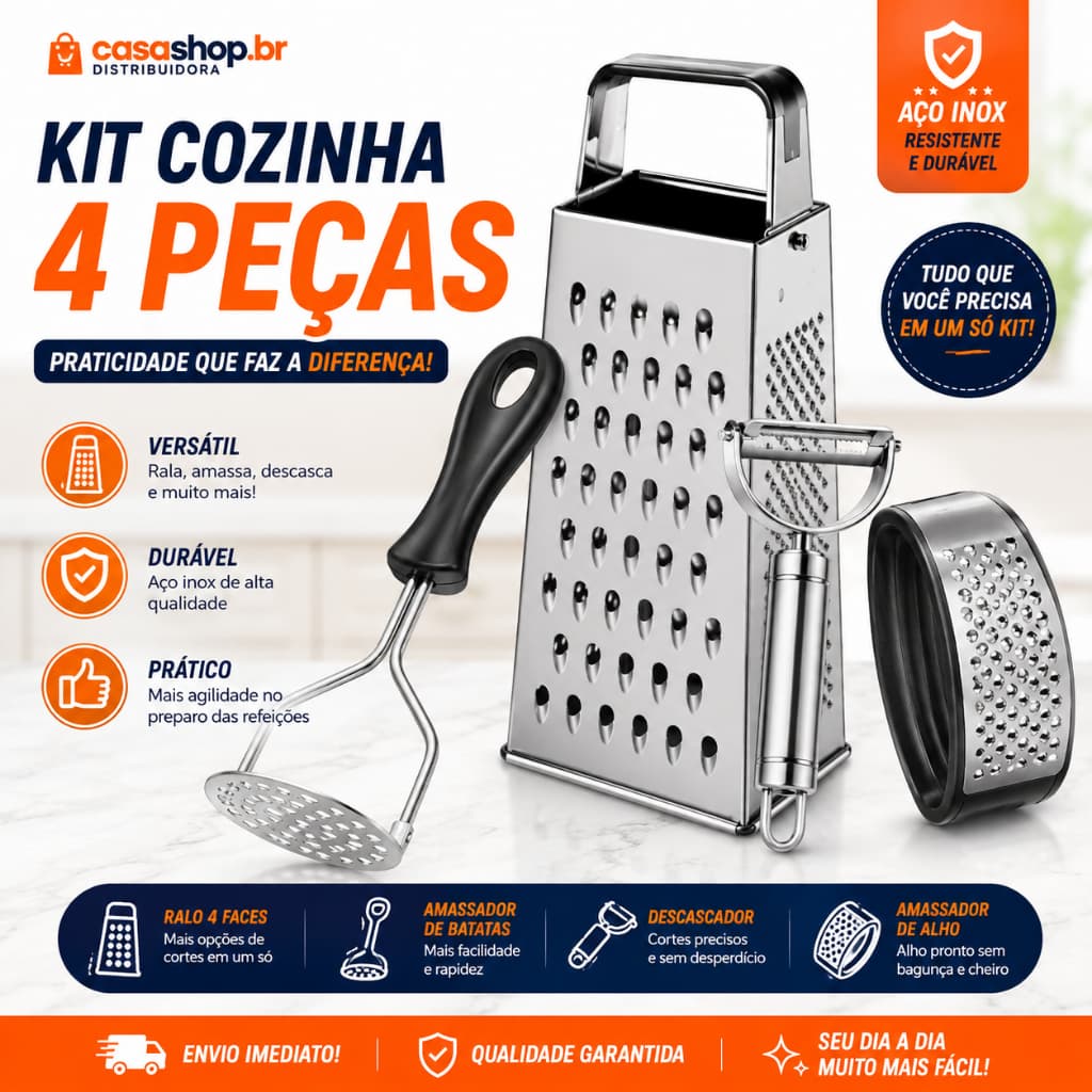 Kit Cozinha 4 Peças Ralador Inox Descascador Amassador de Alho e Batatas